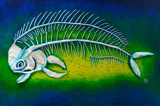 Mahi Mahi Paper Mache Fish Skeleton Painting Copyright 2018 Elise McClellan Figureheadarts.com