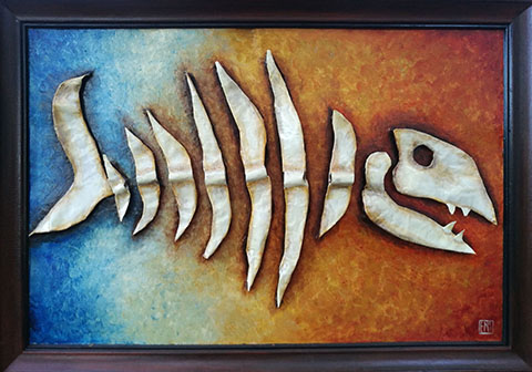 Sunset Seth Paper Mache Fish Skeleton Painting Copyright 2018 Elise McClellan Figureheadarts.com