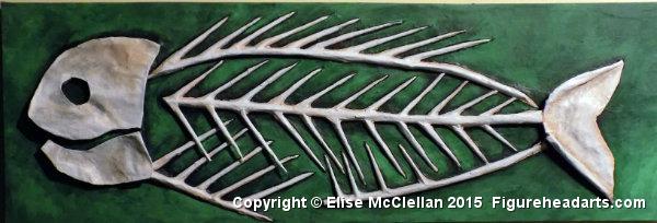 Green background Paper Mache Fish Skeleton. Copyright 2015 Elise McClellan Figureheadarts.com