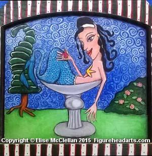 Mermaid In Bird Bath, With Red Bird. Copyright 2015 Elise McClellan Figureheadarts.com